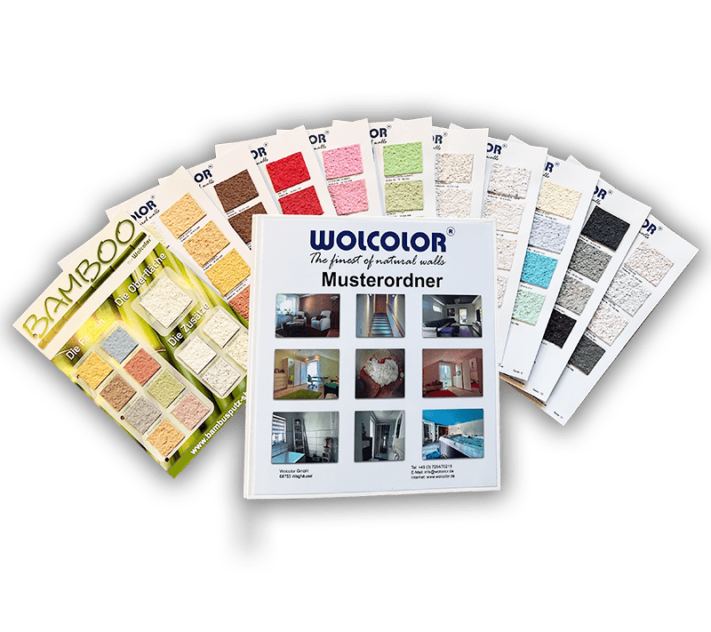 Anzeige Wolcolor Musterordner. Alle Dekore als Echtmuster. Einfach ausleihen und in Ruhe zuhause stöbern.