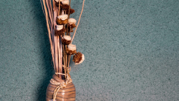 a vase with dried flowers and sticks