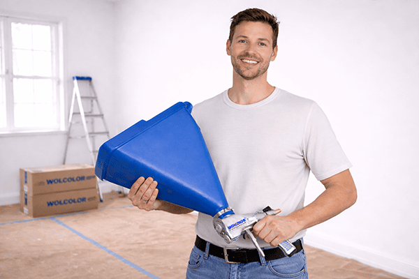 Person trägt Baumwollputz mit Trichterpistole auf Wand auf